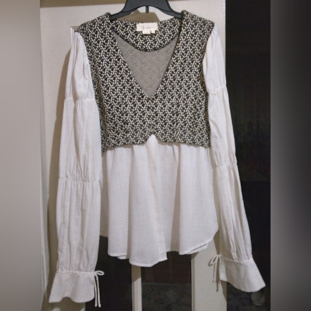 Anthropologie White Peasant Blouse with Black Knit Vest Overlay